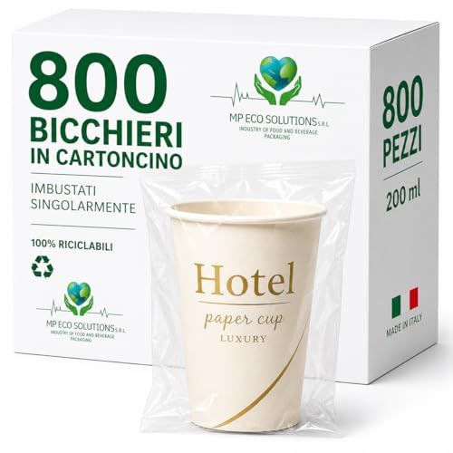 Generico MP Eco Solutions - Vasos de papel envueltos individualmente, 200 ml, diseño de hotel, paquete de 800 unidades, desechables, higiénicos y reciclables