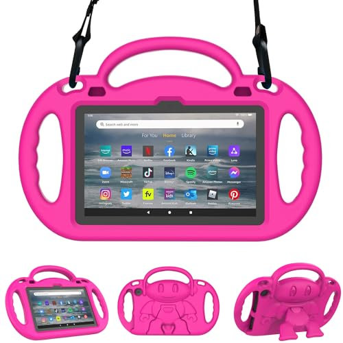 Fire 7 Tablet Case Kids (12th Generation, 2022 Release), Sonlaryin Lightweight Shockproof Kid-Proof Case with Shoulder Strap, Handle and Kickstand for Fire 7 Kids Tablet, Not Fit Samsung TCL 7 - Pink