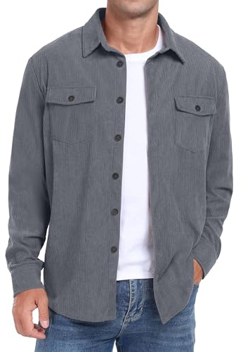 QIXING Men's Corduroy Shacket Jacket Long Sleeve, Gray, S