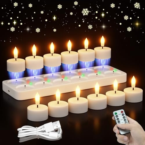 Rechargeable Flameless Tea Lights Candles with Charging Station 12Pcs Battery Tea Lights Candles with Remote & Timer LED Tealight Flickering Realistic for Home Christmas Wedding Decor - White