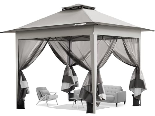 VIVOHOME Cenador de Jardín 3x3 m con Doble Techo de Ventilación 4 Cortinas Mosquiteras Laterales de Malla Protección UV50+ Bolsa con Ruedas Gazebo para Fiestas