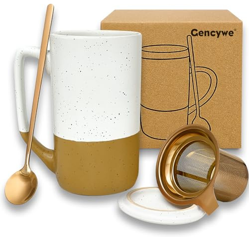 Gencywe Ceramics Large Tea Cup with Loose Leaf Infuser, Spoon and Lid, 16 oz Tall Coffee Mug, Microwave and Dishwasher Safe, Rustic Matte Ceramic Glaze, Tea Strainer, Amber