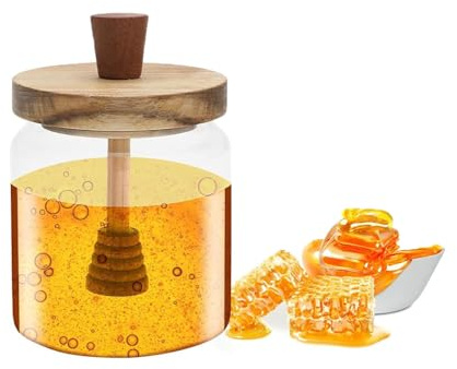 YULIAO Dosatore Miele, Vasetti Miele, Porta Miele Vetro, Barattolo Di Vetro Per Miele, Dispenser Per Miele, Con Cucchiaio Di Legno e Coperchio, Utilizzato Per l'Erogazione Del Miele, Facile Da Pulire