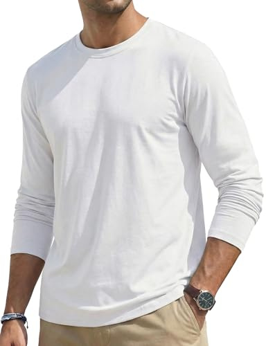 TACVASEN Camiseta Manga Larga Hombre Basica Algodón Cuello Redondo Cómodo Transpirable Camiseta Blanca Hombre (XL, Blanca)