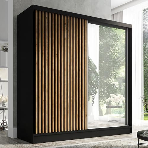 A&J MöbelLand Schwebetürenschrank LINA Kleiderschrank 200 cm mit Spiegel, 3 Schubladen & 3D-Lamellen (Schwarz)