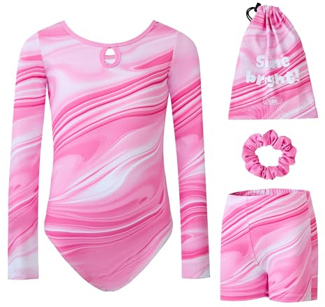Tstiti Gymnastics Leotards for Girls Long Sleeve Kids Tumbling Gymnastic Outfit Clothes with Shorts Storage Bag