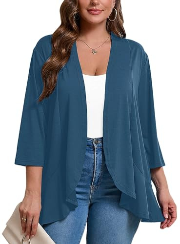 AusLook Women's Plus Size 3/4 Sleeve Draped Ruffle Hem Open Front Cardigan | Cardigans for woman, 3/4 Sleeve Draped Ruffle Kimono Jacket, Open Front Lightweight Coat, Soft Casual Summer Fall Daily Tops