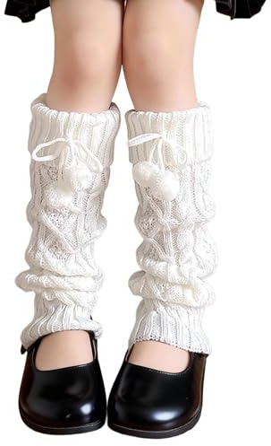 Gestrickte Beinwärmer für Mädchen, Wintermuster, Stulpen, Stiefelsocken mit Pompons, dicke Thermo- und Knöchelärmel für Kleinkinder, Kinder, Jugendliche, Mädchen, kaltes Wetter im (White, One Size)