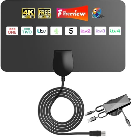 TV Aerial Indoor Freeview Compatible Film Antenna with Signal Booster, Strong Reception for 8K 4K 1080P Smart TVs, Easy Wall Mount Adhesive, 5M Cable Included