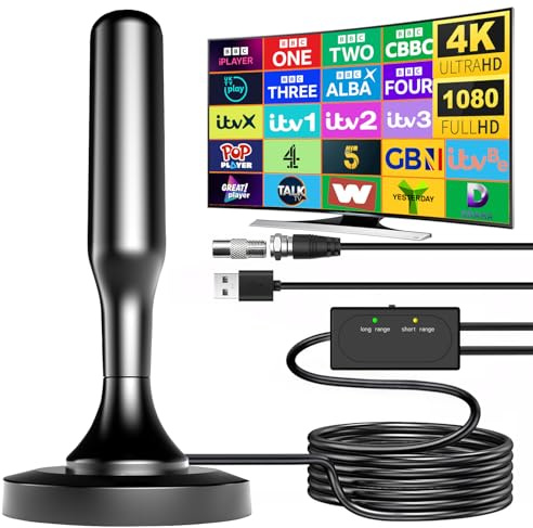Indoor TV Aerial with Strong Signal Booster - Portable TV Ariels Indoor for Freeview HD, Smart TVs 4K 1080P, DVB-T2 Digital Antenna with Magnetic Base & 16.4ft Coaxial Cable(Baseball bat01)