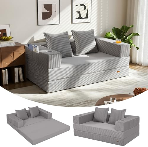MeMoreCool Convertible Sofa Bed, Folding Boneless Floor Couch, Light Grey | High-Density Foam Fold Out Floor Guest Bed With Removable Washable Cover, No Assembly Futon Sofa For Small Spaces, Flats