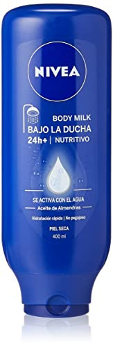 NIVEA Bajo la Ducha Body Milk Nutritivo (1 x 400 ml), leche hidratante para la ducha, acondicionador de piel con aceite de almendras para el cuidado de la piel seca