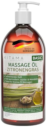 Kitama Massageöl Zitronengras 1-Liter - spritziger Zitronengras-Duft für pflegende Massage zuhause & in der Massagepraxis - Aroma-Öl - Thai Massage-Öl, made in Germany