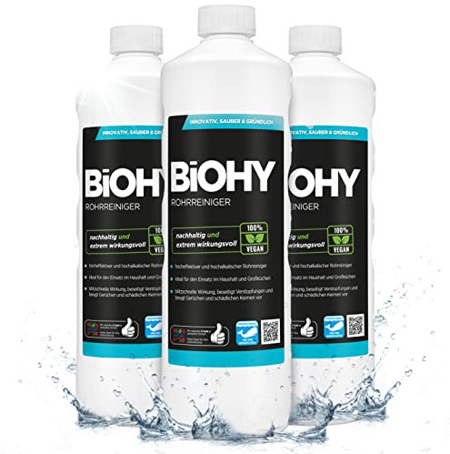BiOHY Rohrreiniger (3 x 1 Liter) | EXTRA STARK | flüssiger Abflussreiniger | Profi Mittel für Verstopfungen in Küche, Dusche & Toilette | entfernt Haare & Gerüche effektiv | kraftvolles Konzentrat