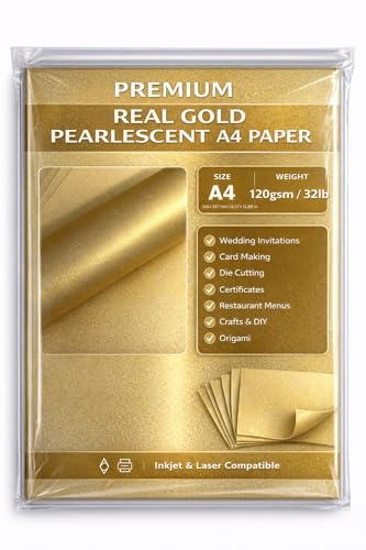 Premium Pearlescent Paper A4 (8.27 x 11.7”) 120gsm (32lb Bond) – Shimmer Cardstock Sheets for Inkjet & Laser Printers – Ideal for Certificates, Invitations, Menus & Crafts (100, Real Gold)