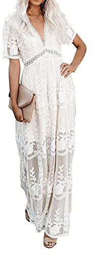 amropi Robe de Soirée Femme Floral Manches Courtes Col V Longue Robes en Dentelle Blanc,L