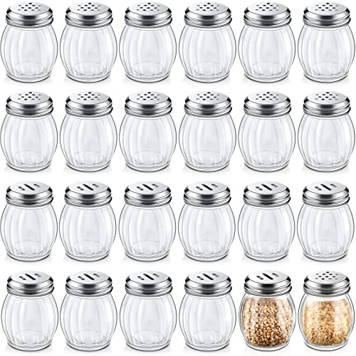 Hotop 24 Pieces Glass Spices Shaker with Perforated Top Cheese Shaker with Slotted Stainless Steel Top Retro Swirl Style Jar