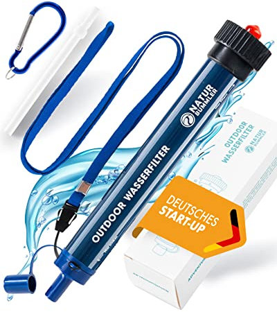 NATURBUMMLER Wasserfilter Outdoor [Filtert 99,99 % aller Bakterien] für 2000L mit Karabiner & Trinkhalm – Trinkwasserfilter für Survival, Camping & Notfall – Wasseraufbereiter Trinkwasser
