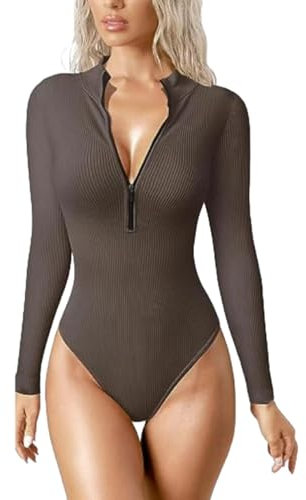 SUIUOI Bodysuit Women's Long Sleeve Elegant Bodysuit Tops,Langarmshirt mit Reißverschluss Bodies Top Jumpsuit G-String Body Jumpsuit Thong Ribbed Shapewear Pullover Underwear Body Tops Leisure