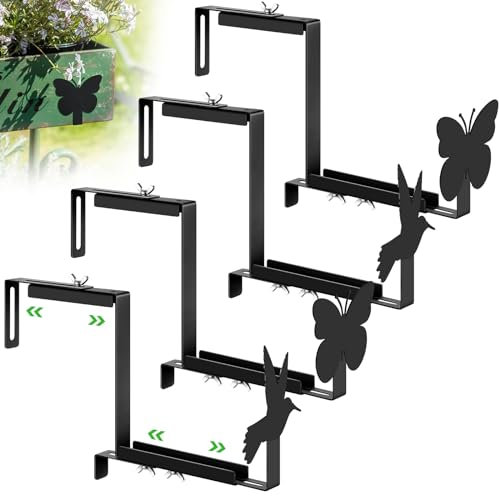 Jingmore 4 staffe regolabili per fioriere, con farfalla e colibrì, supporto per piante per scale, per vasi di fiori, giardini, balconi, finestre, recinzioni, colore nero