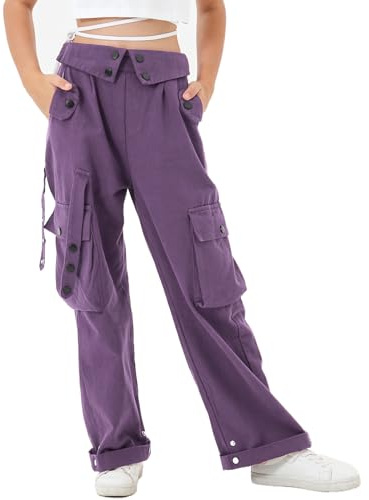 Rolanko Baggy Cargo Pantaloni Ragazza, Elastico in Vita con Tasche Multiple Gamba Larga Pantaloni Cargo per Bambini, Viola., 8-9 Anni,140