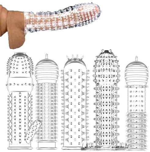 MEYDLL Penishülle, 5 Stück Transparente Penismanschetten mit Dichte Beule, Extrem Penishülle für Penisvergrößerung und Zeit Verlängern, Penishüllen zur Steigerung der Erektion, Weich, TPE-Material