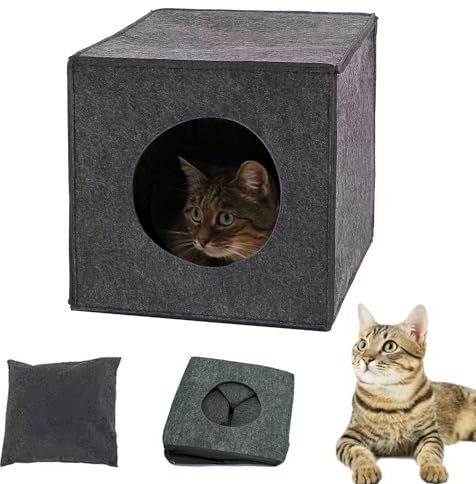 Faltbare Katzenhöhle Aus Filz Mit Kissen - Kuschelhöhle, Katzenbox, Regalhöhle, Katzenhaus, Filzhöhle für Katzen Und Kleine Hunde - Katzenkorb (Dunkelgrau, 33x37x33 Cm)