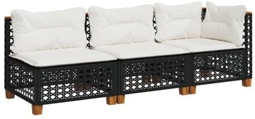 vidaXL Gartensofa 3-Sitzer, Gartensessel mit Kissen, Modular Loungesofa für Garten Terrasse, Sofa Garnitur Gartenmöbel, Schwarz Poly Rattan