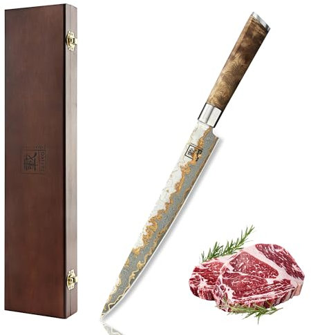 zayiko MysticMagma Sashimi Messer – Kupfer Damastmesser mit 25 cm scharfe Klinge Kupfer, Bronze und Damaststahl mit VG10 Kern, Küchenmesser mit Wurzelholzgriff aus Bergahorn in exquisiter Holzbox