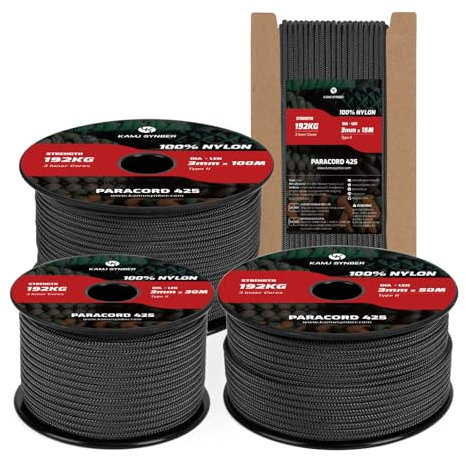 Kamu Synber Paracord 3mm x 15m Paracord 425 100% Nylon Seil Typ II Schnüre mit 3 Kern für Basteln, Outdoor, Camping, Survival | Tragkraft 192kg | Schwarz