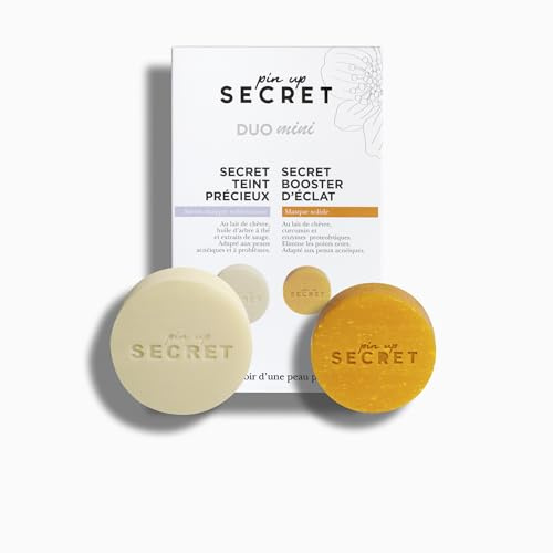 PIN UP SECRET - Mini Coffret Duo au Lait de Chèvre & Curcuma - 1 Savon Secret Teint Précieux et 1 Masque Secret Booster d'Éclat - Nettoie, Élimine les Impuretés & Points Noirs - Tous types de peaux