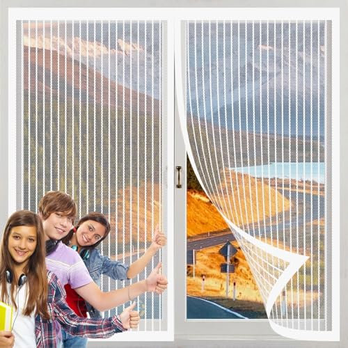 Cortinas Termicas Aislantes 32 x 100 cm, con Cinta Mágica de Marco Completo e Imanes Potentes, Mosquitera Iman Fuerte, Malla Anti-Insectos, para Todas Las Puertas y Ventanas, Blanco