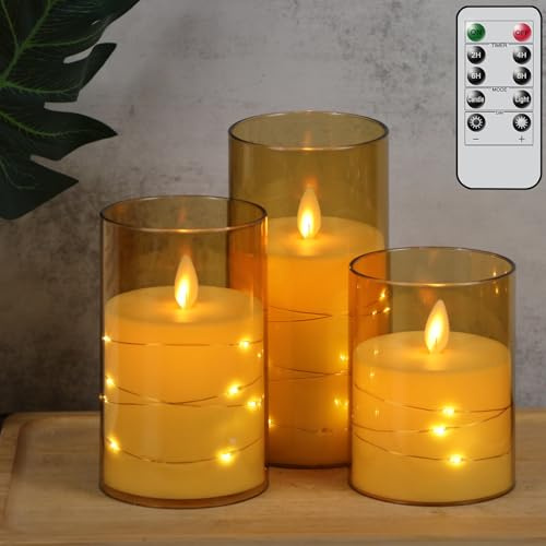 Eldnacele Glass Plastic Flameless Candles String Lights with Remote and Timer, Battery Operated Moving Wick Embedded LED Unbreakable Gold Pillar Candle 3PCS Dinner Wedding Holiday Decor