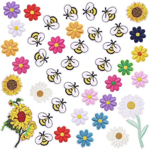 42 Pieces Bee Embroidered Applique Patches Daisy Sunflower Iron on Patch Cute Flower Sew on Patches for Clothing Bags, Jackets, Jeans, Hats, Clothes DIY Decoration (Cute)