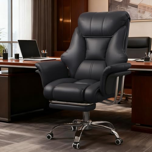 XUEGW Office Chair with Foot Rest and Waist Lumber Support, Ergonomic Gaming Chair with Adjustable Height Headrest, High-Back PU Leather Reclining Chair for Home Office (Black)