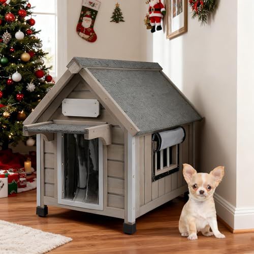 Gowoodhut Outdoor Dog House Weatherproof Large Wooden Dog Kennel Indoor for Small Dogs with Chew-Proof Frame, Oxford Fabric Window, Removable Floor Pet Shelter (Grey, 18.1 D x 25.2 W x 24 H)