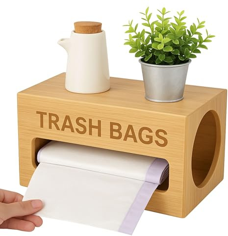 DIVCHI Bamboo Trash Bag Holder Dispenser Garbage Bag Roll Storage Container for Kitchen Cabinet Countertop & Under-Sink | Waste Bag Organiser | Carrier Bag Organizer (Natural, 1 Tier)