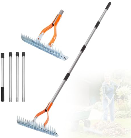 Scarificatore rastrello con manico 170 cm, rastrello da taglio in metallo da giardino, rimovibile, regolabile, scarificatore a mano, scarificatore rastrello, rastrello per scarificatore, per prato
