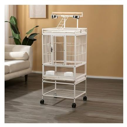 aviary Bird Cage Metal Double Household (with Wheels on the Bottom) Display Suitable for Parrots, Canaries. White Color
