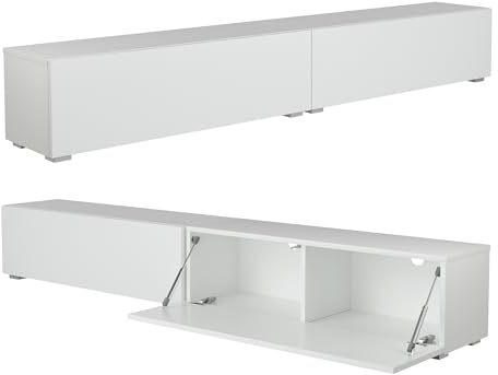 PLATAN ROOM Meuble TV Bas 210 (2 x 105 cm) avec étagère Murale Brillante (Blanc Mat/Blanc Mat)