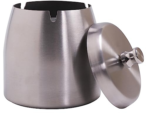 Ashtray with Lid for Cigarette, Stainless Steel Smokeless Odorless Windproof Ashtrays for Home Office Tabletop Outside Patio Outdoor Balcony(3.54x3.0x3.38)