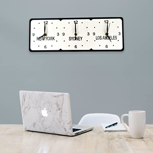 Bespoke Named Three Time Zone Clocks, 40cm x 15.5cm, Black | Shatterproof acrylic, silent sweep movement, includes desk stand, 40cm x 15.5cm dimensions, black/white finish