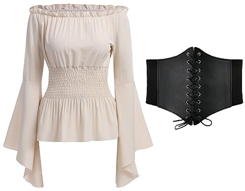 Mittelalter Bluse Damen Gothic Steampunk Korsett Oberteil Off Shoulder Top Viktorianisches Renaissance Kleidung Piratenkostüm Wikinger Kostüm Halloween Karneval Faschingskostüme Aprikose+Gürtel L