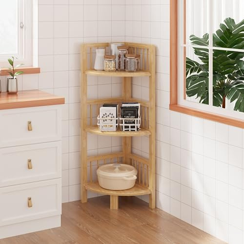 Dripex Estantería para Esquina, de Bambú, Revestimiento de Barniz, Estable y Durable, Mueble Esquinero para Cualquier Habitaciones, 30 x 30 x 89 cm