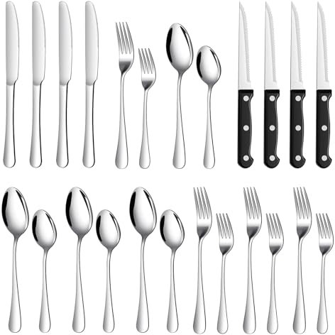 TAN REN Set di posate in argento per 4 persone, set di posate in acciaio inox da 24 pezzi con coltello da bistecca, forchetta e cucchiaio, set di posate per cucina/esterno, lavabile in lavastoviglie