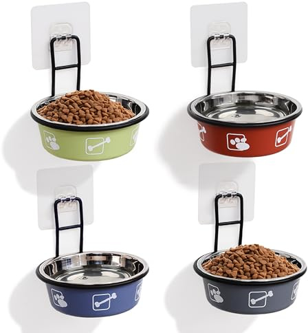 TRUNDISAN 4PCS Multi-Color Raised Pet Bowls, Wall Mounted Elevated Food and Water Bowls, Stainless Steel Hanging Pet Feeding Bowls with Stand, Nonslip