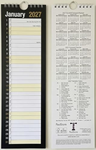 PaulStore 2027 Slim month to view spiral bound wall planner calendar black and white