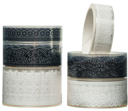 KAVI' S 6 rullar spetsmönster washi tejp set PET maskeringstejp dekorativ tejp för scrapbooking, presentförpackning, semesterdekoration (svart och vit)