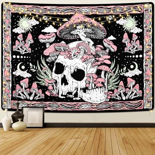 Yugarlibi Totenkopf Wandteppich Rosa Pilz Wandbehang Skelett Wandteppiche Mond Sonne Wandtuch Wandkunst für Schlafzimmer Wohnzimmer, Rosa 150x130cm