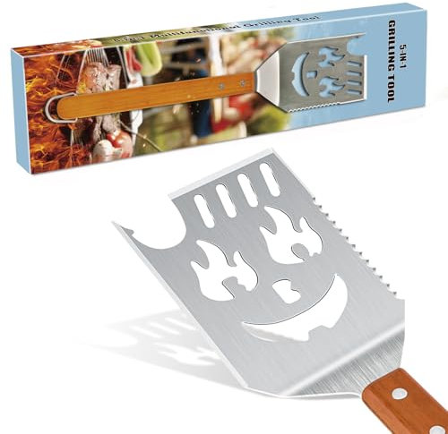 Grillspachtel für Barbecue Multifunktionales Grillbesteck mit handgefertigter Holzgriff Grillwender edelstahlMesser und Gabel Flaschenöffner für Grille Grill ZubehörGrillGeschenke für Männer,Papa